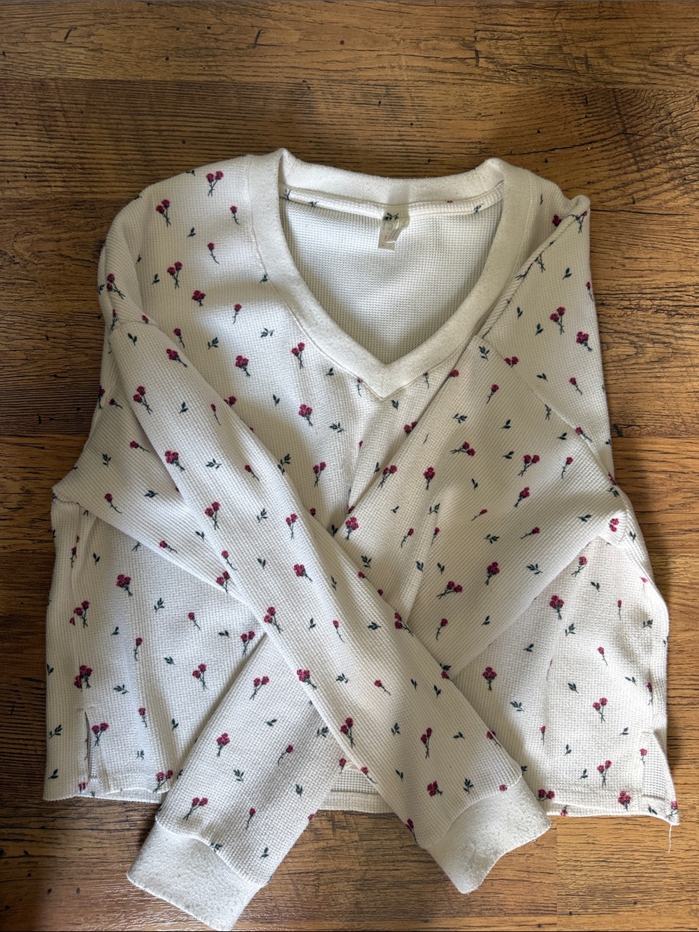 twik Cream Waffle V-Neck Sweater with Pink Floral Motif